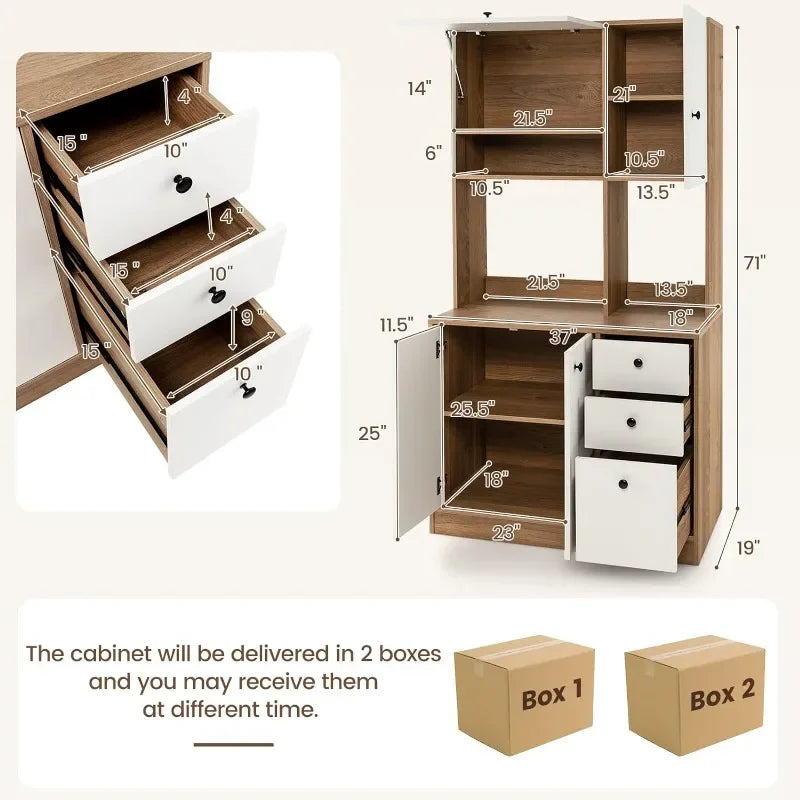 PETSITE Kitchen Buffet Hutch Storage Cabinet, 71'' Freestanding Pantry with 3 Cabinets & Drawers, Adjustable Shelves