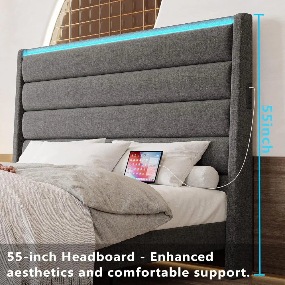 Queen Size Bed Frame with 55 Inches Headboard&Drawer&2 Charging Station,Upholstered Queen Platform Bed,No Box Spring Needed,Grey