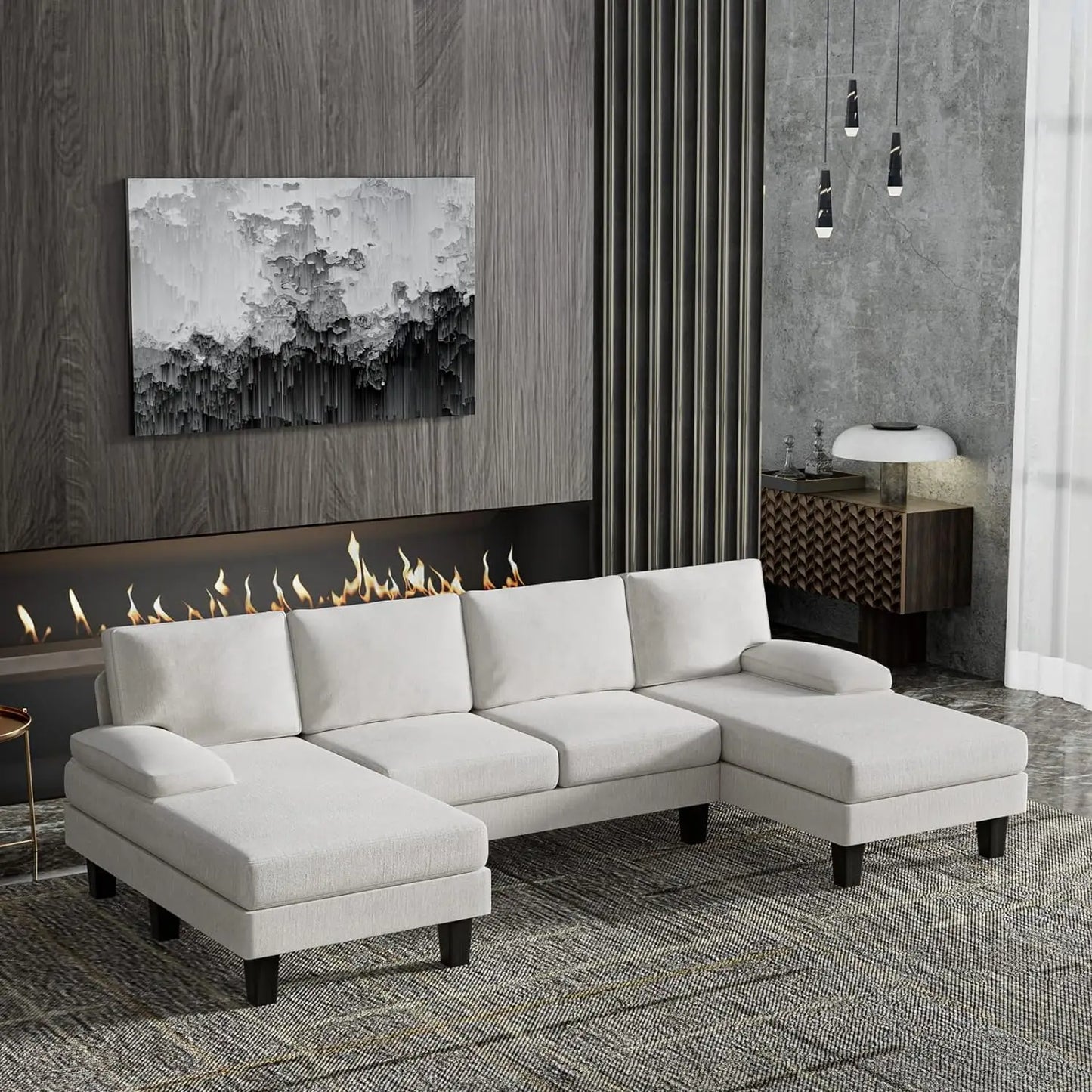 Living Room with Throw Pillows, U-Shaped Modern Minimalist Fabric Modular Sofa with Double Chaise & Memory Foam (White)