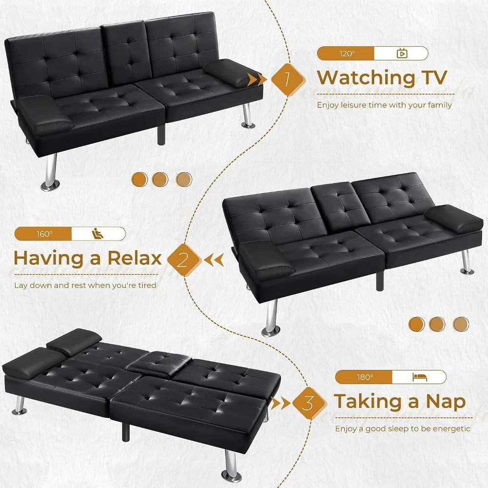 Sofa Bed Modern Faux Leather Couch Bed Convertible Folding Recliner for Living Room with 2 Cup Holders and Armrest Black Sofa