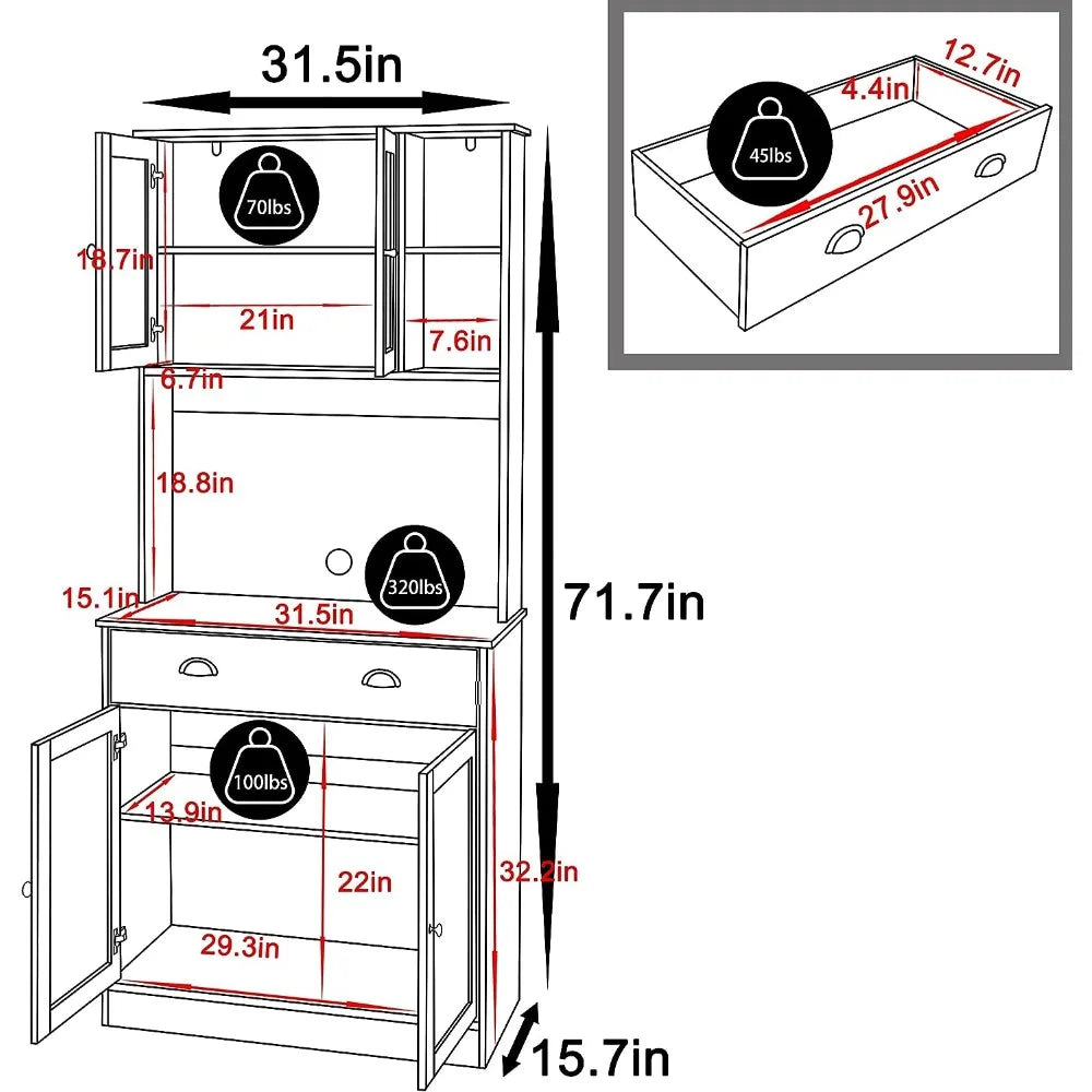 72'' Kitchen Pantry Cabinet Storage Hutch with Microwave Stand, Freestanding Pantry Buffet Cabinet with Adjustable Shelves