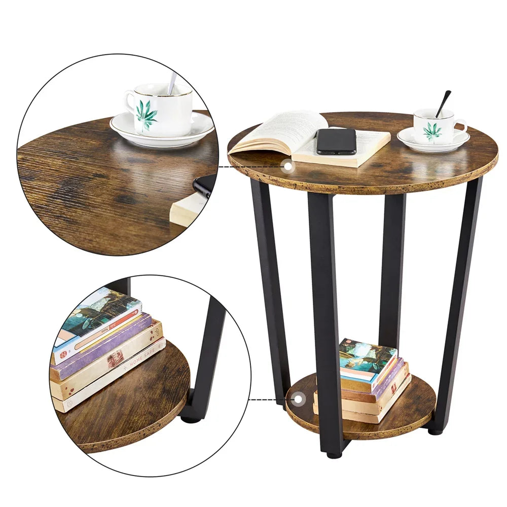 2Pcs Round Wooden Side End Tables, Rustic Brown wood table mesas side table living room