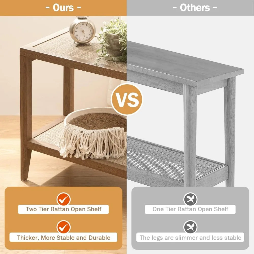 Rattan Nightstands Set of 2 Bedside Table - Boho Narrow End Table Living Room Set of 2 Side Table with Rattan Storage Shelves
