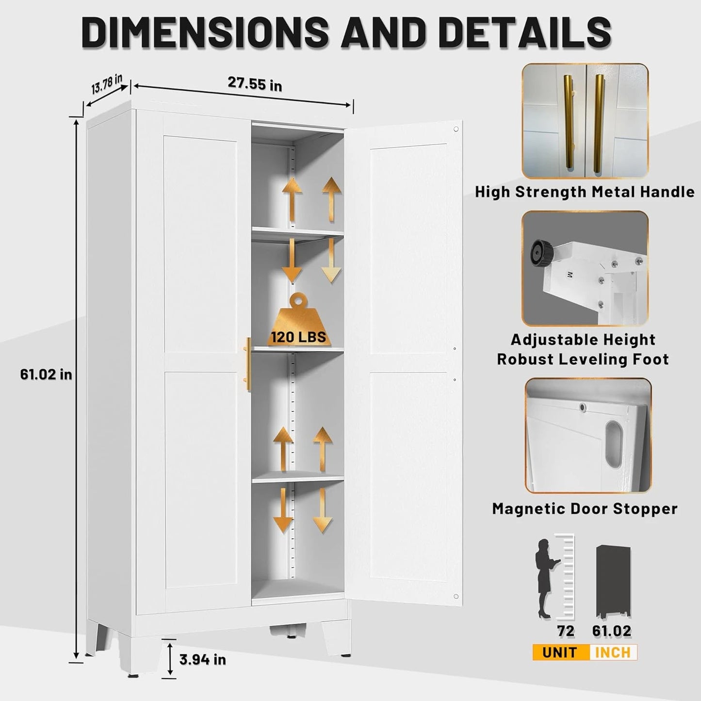 Pantry Cabinet, Kitchen Pantry Storage Cabinet with Doors and Shelves, Storage Cabinet with Adjustable Leveling Foot