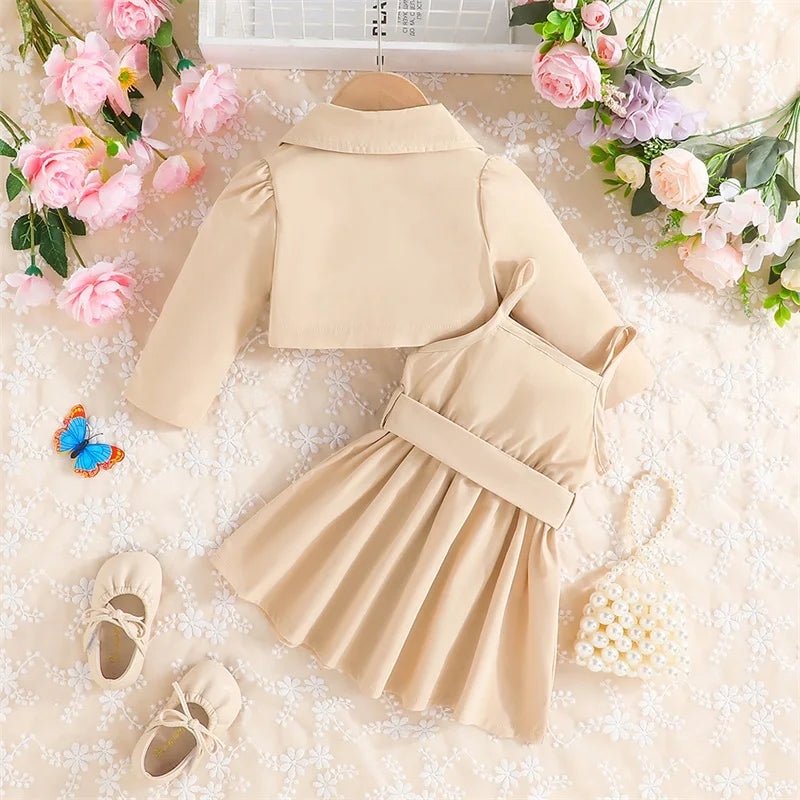 Girls Clothing Set Solid Color Long Sleeve Lapel Jacket with Casual Dress Kids Fashion Children Spring Summer Clothes Outfits