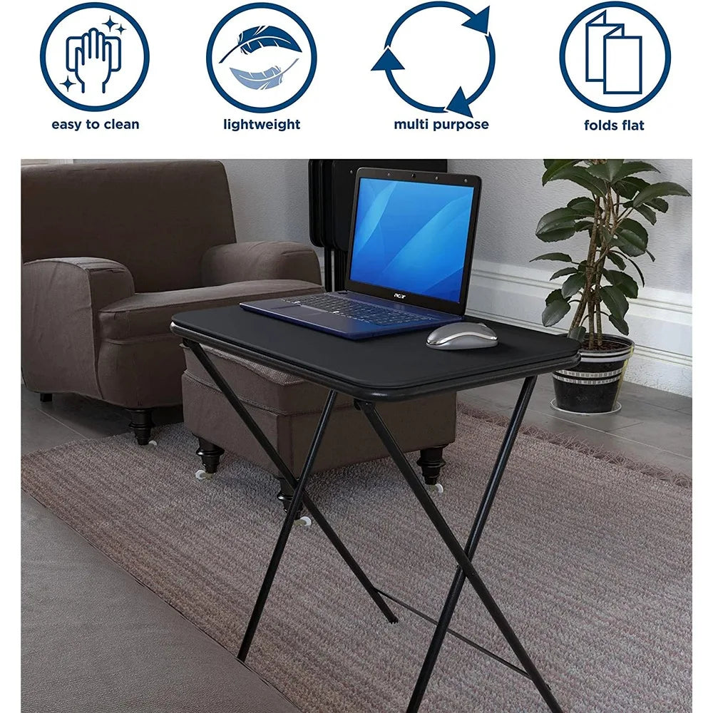 5-Piece Folding Vinyl Top TV Tray, Black with Storage Rack, Multi-Purpose, Bed Side Table Coffee for Living Room