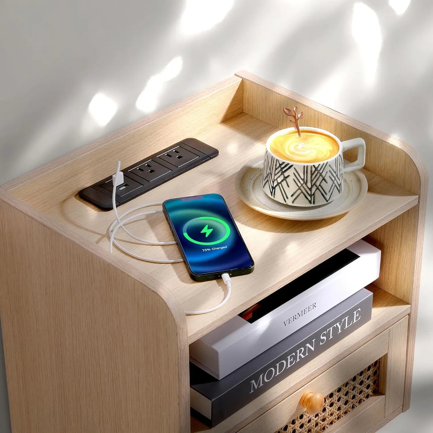 Rattan Nightstand,Boho Nightstand,Solid Wood Legs,Bed Side Table with Open Storage,for Bedroom and Small Spaces- Natu