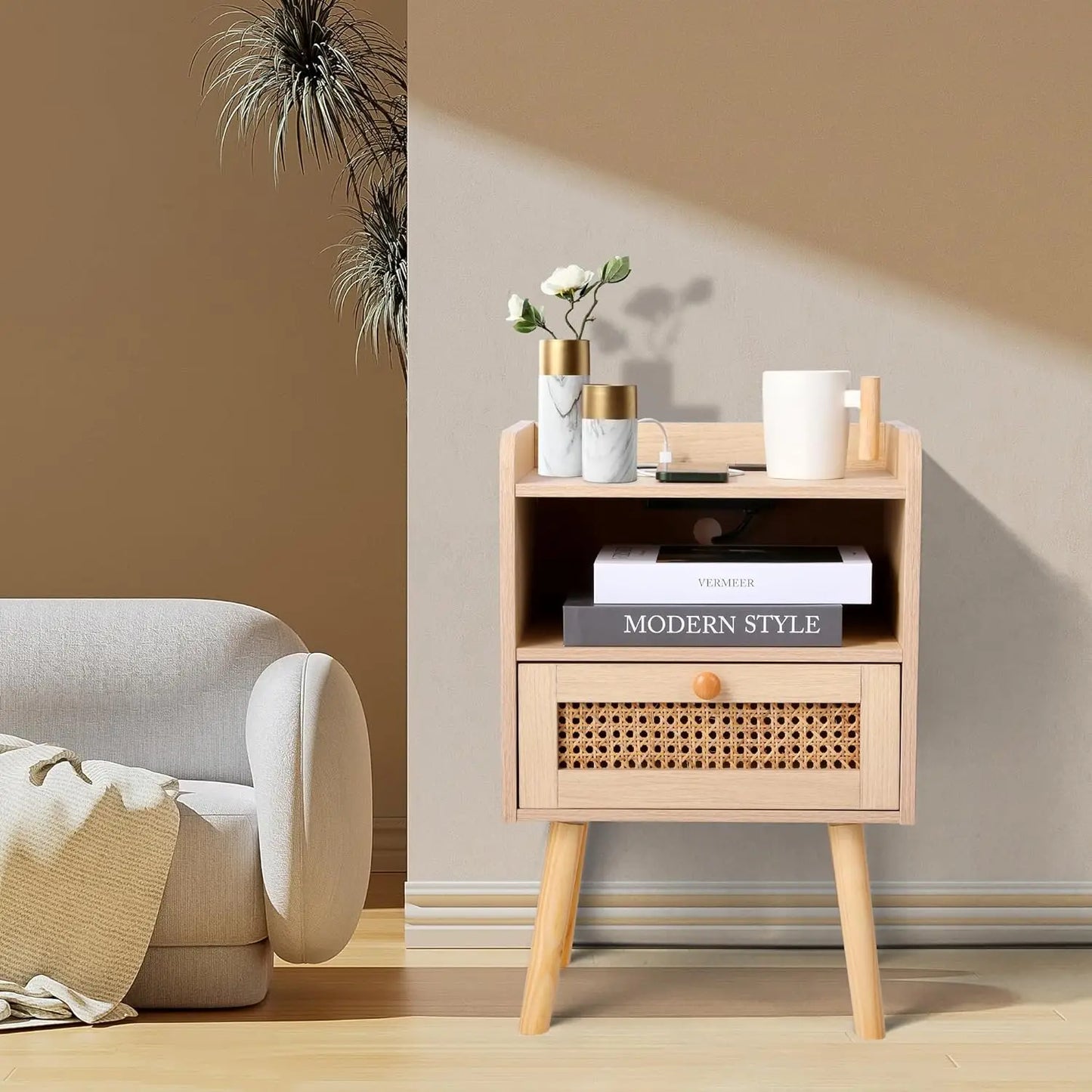 Rattan Nightstand,Boho Nightstand,Solid Wood Legs,Bed Side Table with Open Storage,for Bedroom and Small Spaces- Natu