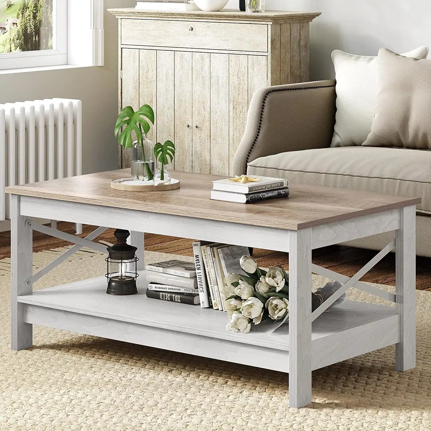 Farmhouse Coffee Table 2-Tier Wood Center with Storage Shelf for Living Room, Gray Modern Accent Side End fo
