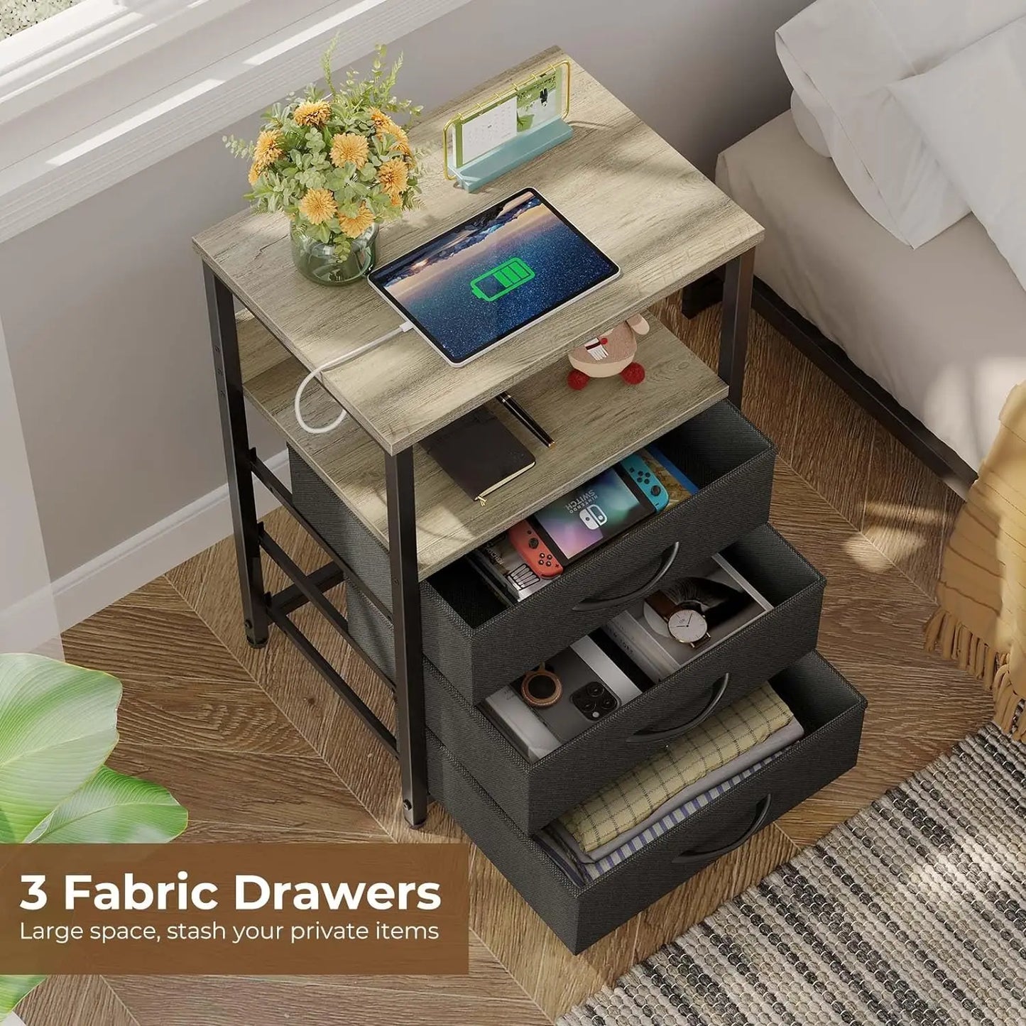 Nightstand with Charging Station and LED Light, Side Table 3 Fabric Drawers, Bedside End USB Ports an