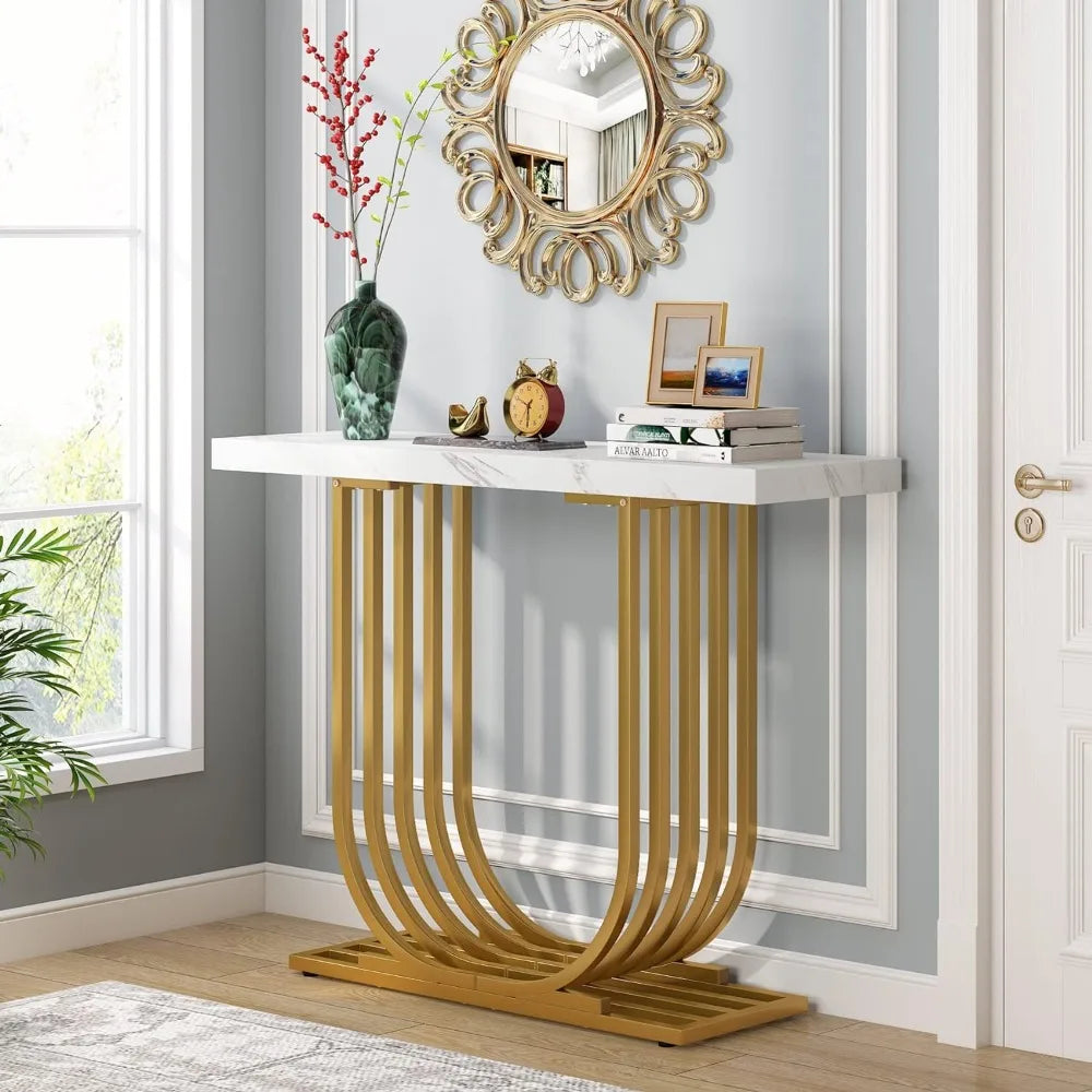 Faux Marble Gold Console Table Hallway White & Gold Coffee Tea End Small Tables Home Entrance Sofa Side Table for Living Room