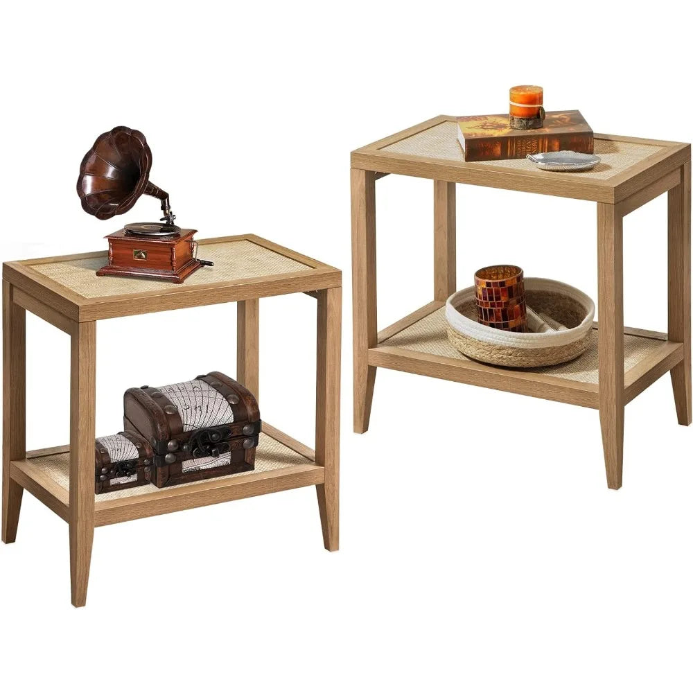 Rattan Nightstands Set of 2 Bedside Table - Boho Narrow End Table Living Room Set of 2 Side Table with Rattan Storage Shelves