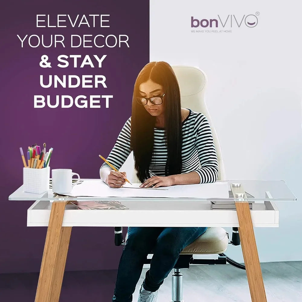bonVIVO Massimo Small Desk - 43 Inch Living Room, Office and Bedroom - Study Table w/Glass Top and Shelf Space - Black
