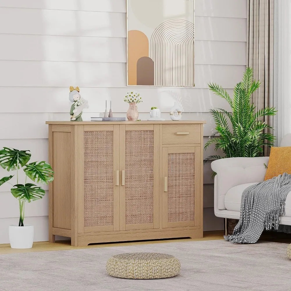 Irontar Kitchen Storage Cabinet, Sideboard Buffet Cabinet with Rattan Decorated Doors, Farmhouse Console Table with Drawer