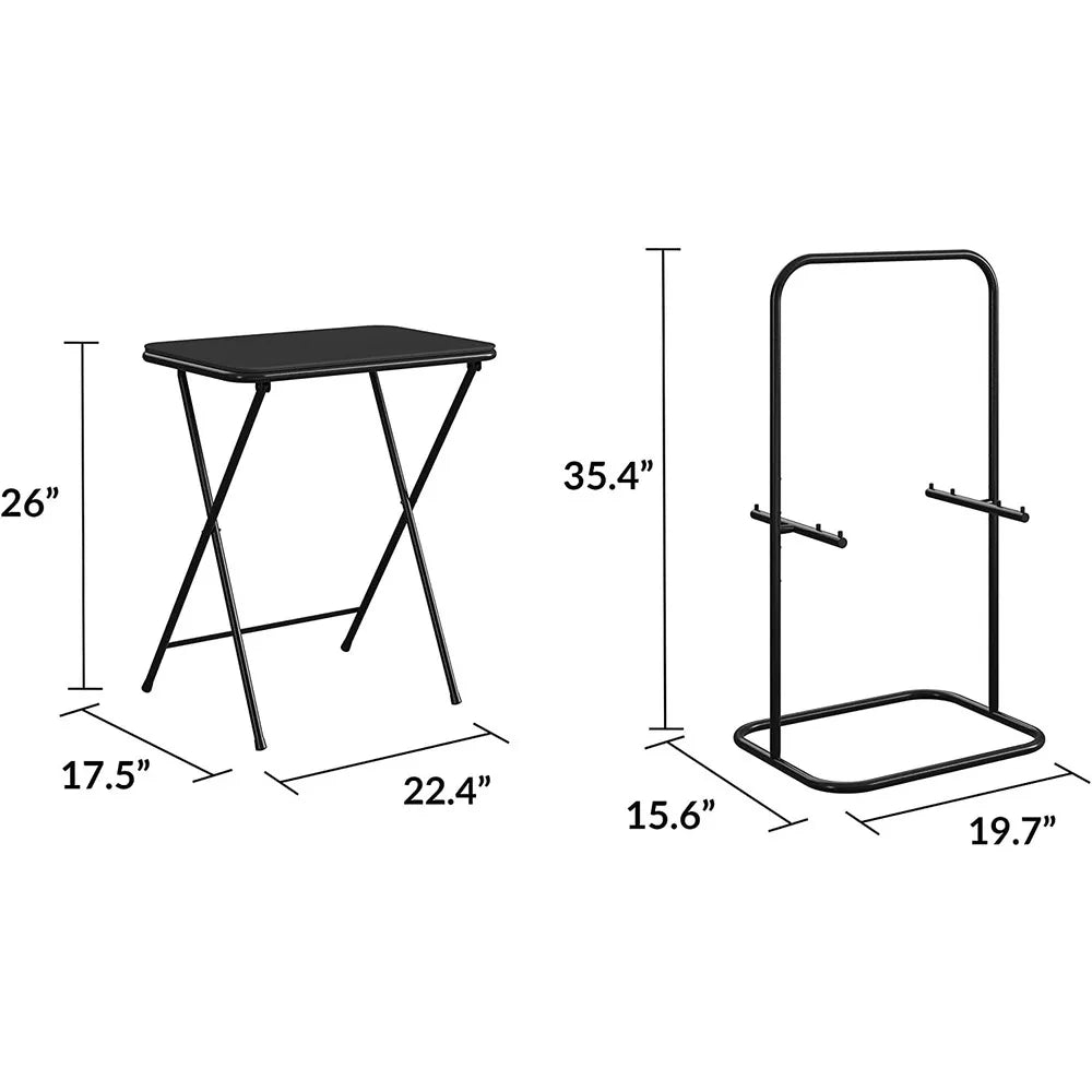 5-Piece Folding Vinyl Top TV Tray, Black with Storage Rack, Multi-Purpose, Bed Side Table Coffee for Living Room