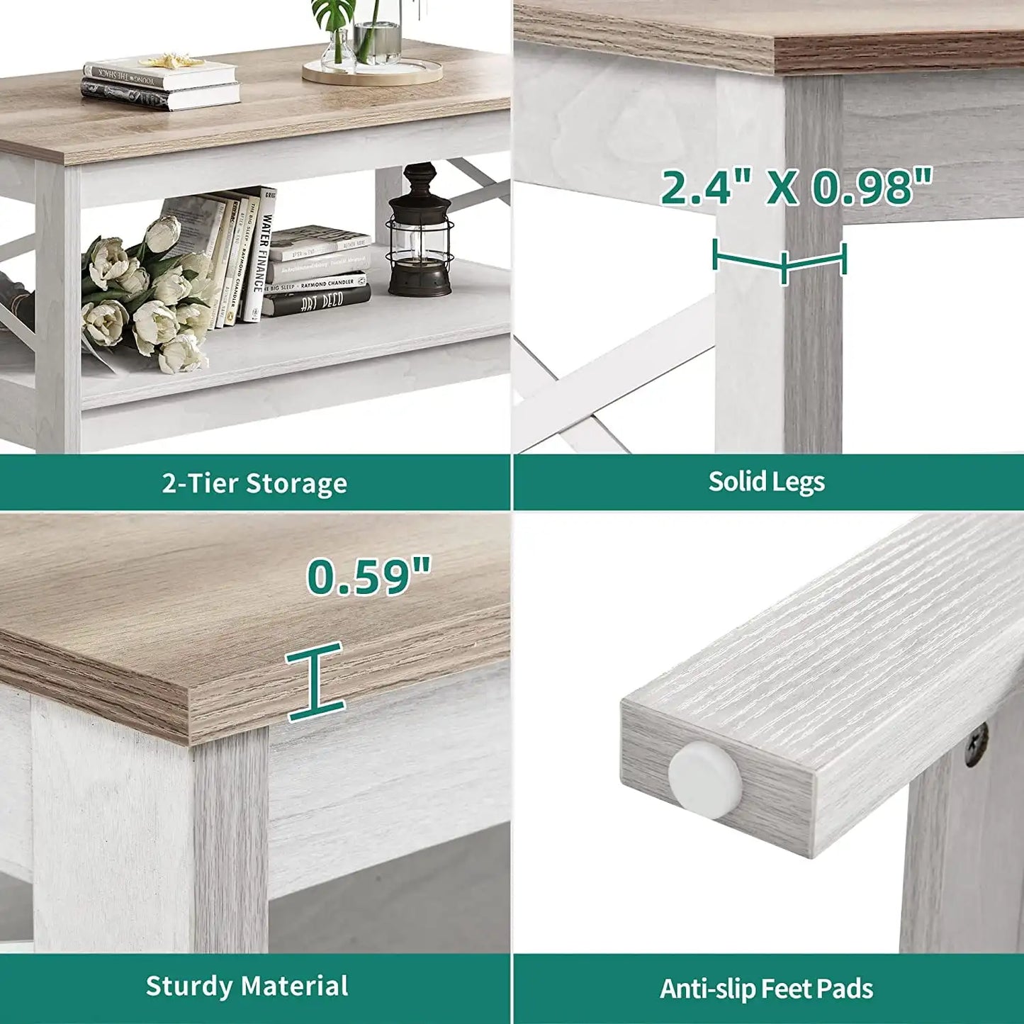 Farmhouse Coffee Table 2-Tier Wood Center with Storage Shelf for Living Room, Gray Modern Accent Side End fo