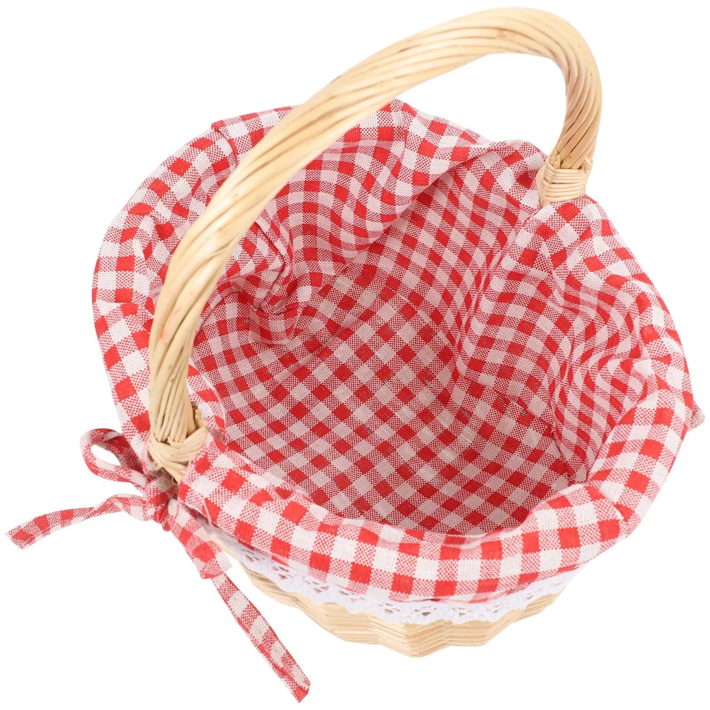 Hand Woven Picnic Bag Gift Basket Wicker Storage Basket Linen Inner Basket for Storage Use (Primary Color Red Plaid Fabric)