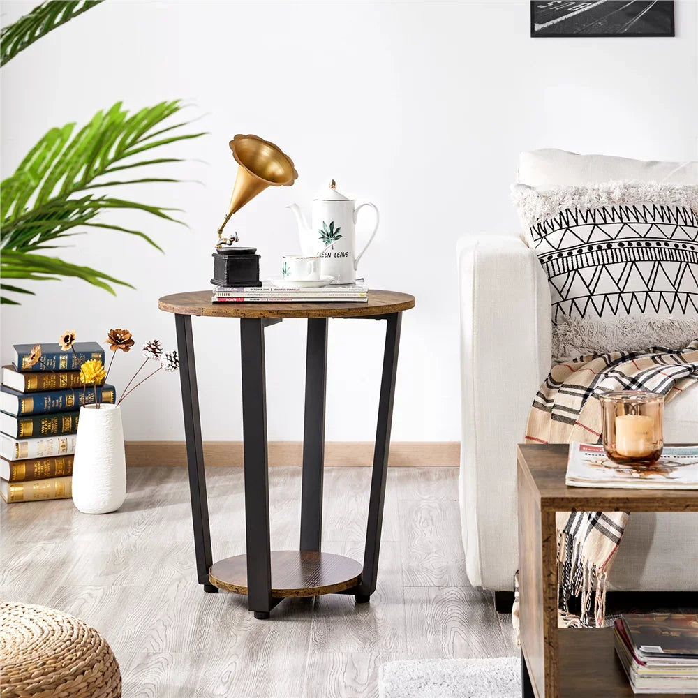 2Pcs Round Wooden Side End Tables, Rustic Brown wood table mesas side table living room