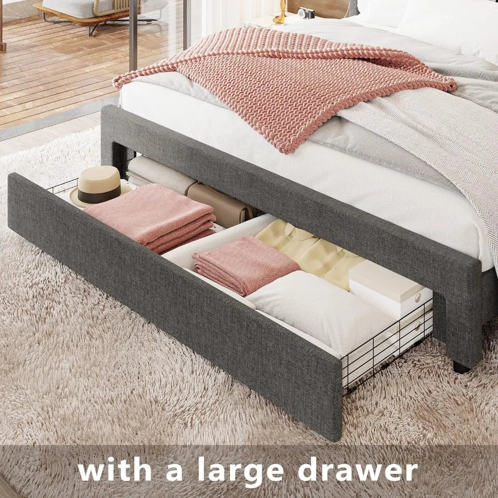 Queen Size Bed Frame with 55 Inches Headboard&Drawer&2 Charging Station,Upholstered Queen Platform Bed,No Box Spring Needed,Grey