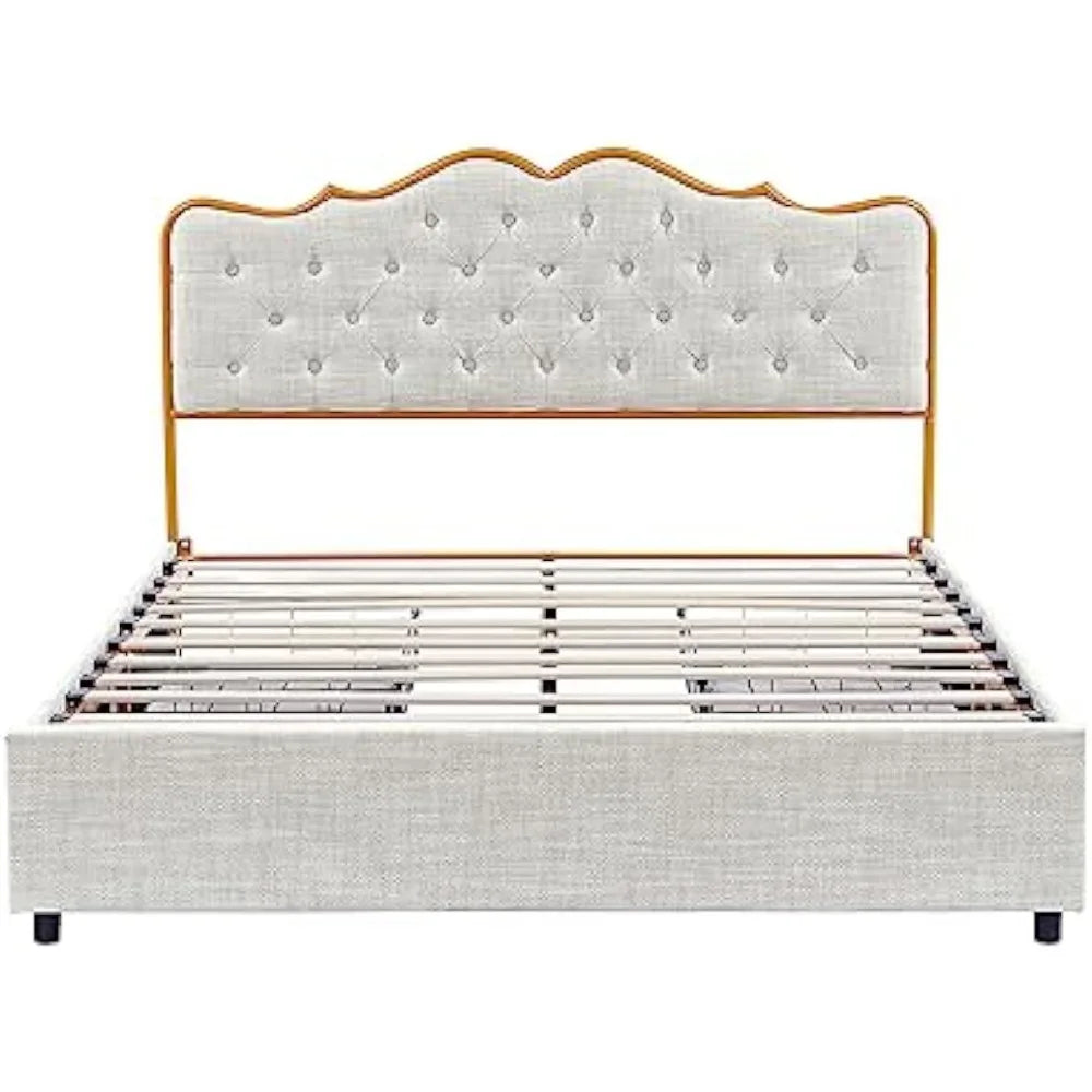 King Velvet Upholstered Platform Bed with 4 Drawers, Platform Bed Frame with Button Tufted Headboard for Bedroom