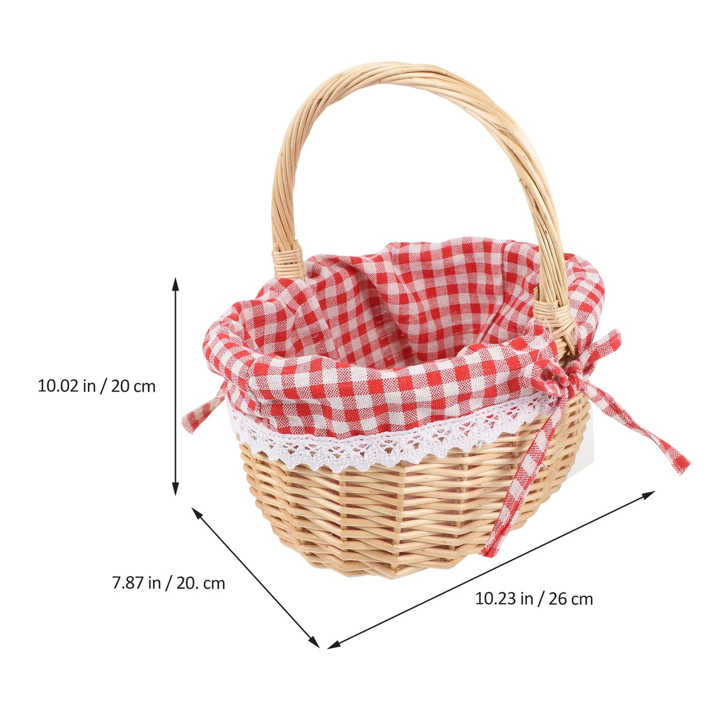 Hand Woven Picnic Bag Gift Basket Wicker Storage Basket Linen Inner Basket for Storage Use (Primary Color Red Plaid Fabric)