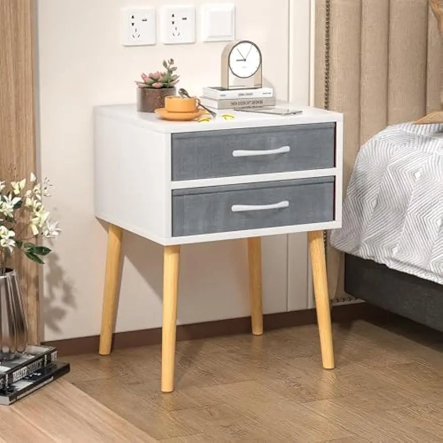 Nightstand with Drawer, Modern White Night Stand Solid Wood Legs, Bedside Tables Bedroom Side wi