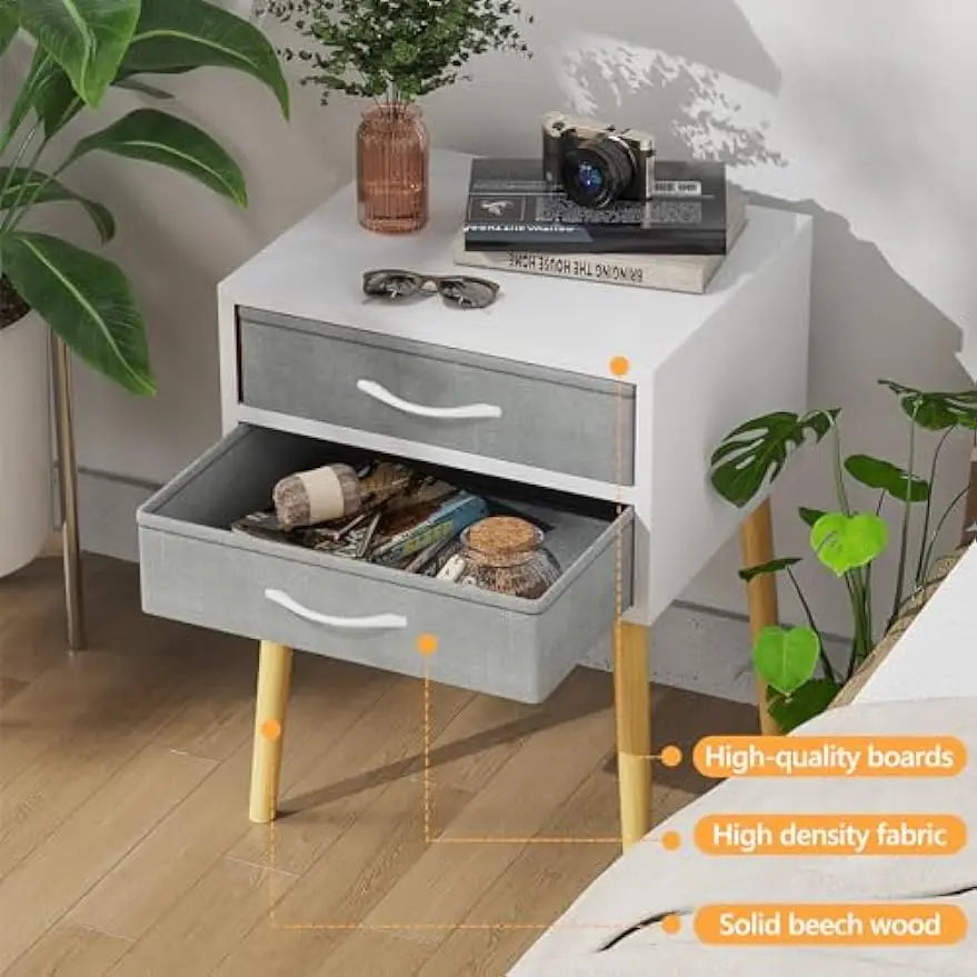 Nightstand with Drawer, Modern White Night Stand Solid Wood Legs, Bedside Tables Bedroom Side wi