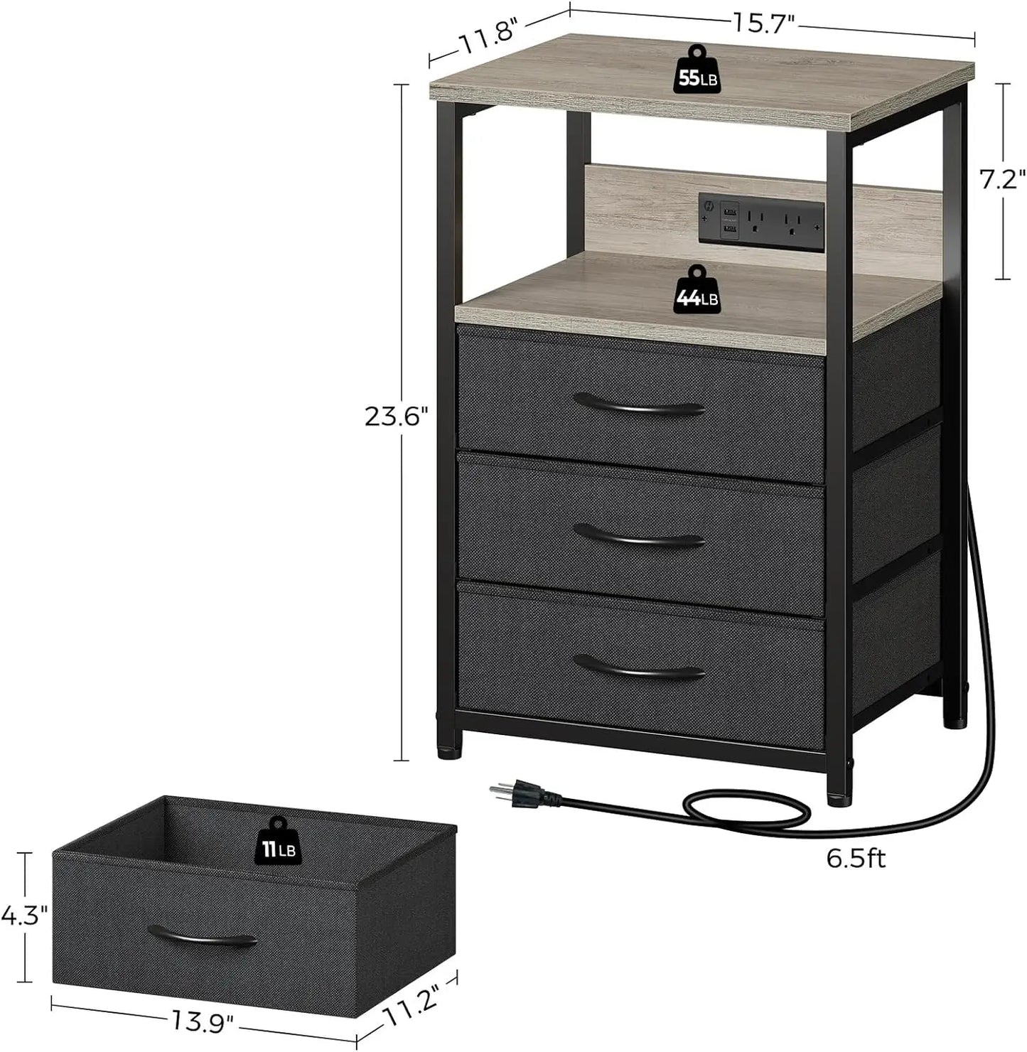 Nightstand with Charging Station and LED Light, Side Table 3 Fabric Drawers, Bedside End USB Ports an