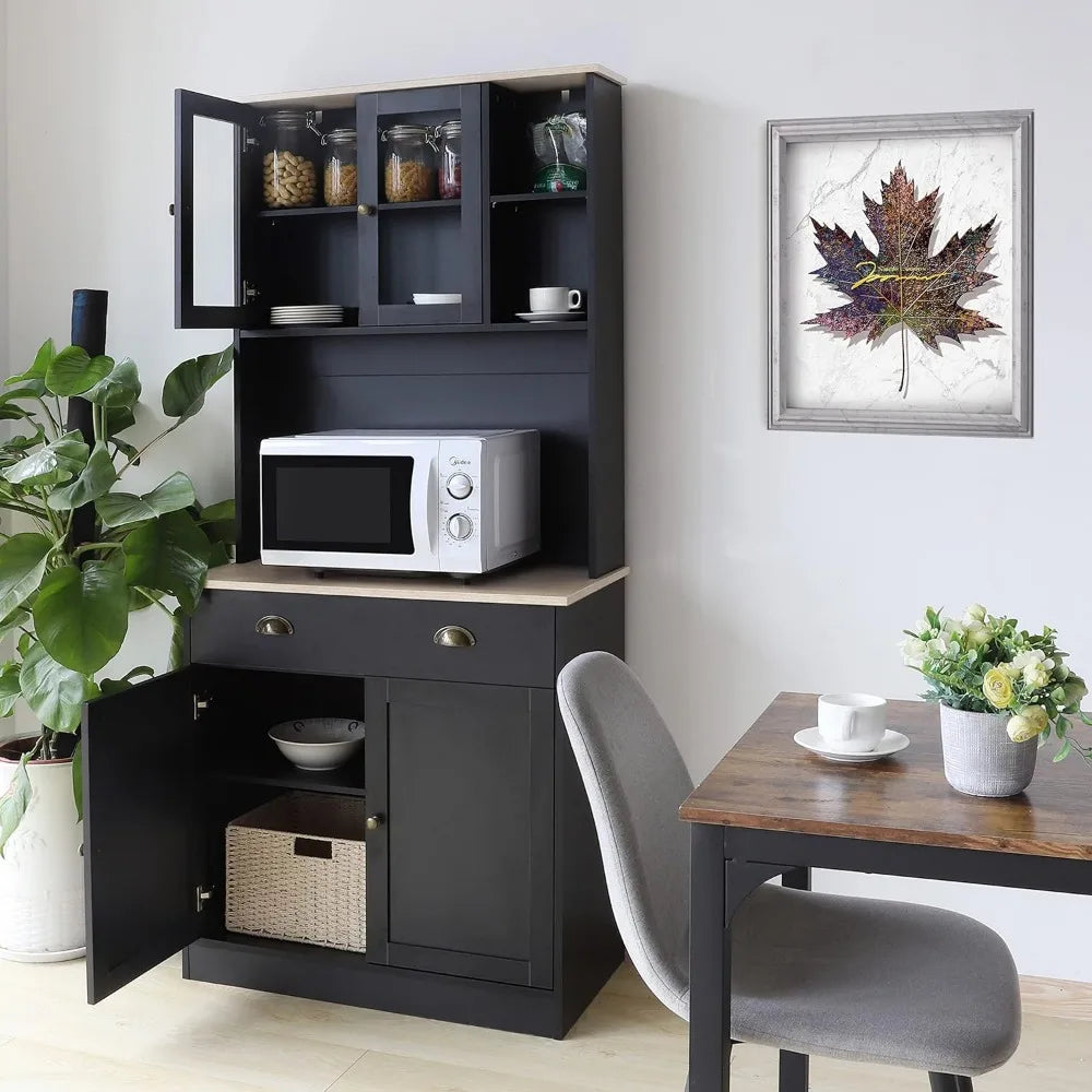 72'' Kitchen Pantry Cabinet Storage Hutch with Microwave Stand, Freestanding Pantry Buffet Cabinet with Adjustable Shelves