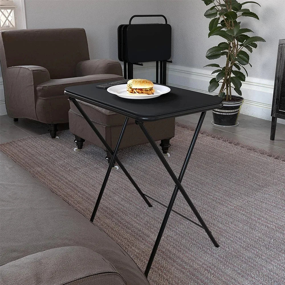 5-Piece Folding Vinyl Top TV Tray, Black with Storage Rack, Multi-Purpose, Bed Side Table Coffee for Living Room