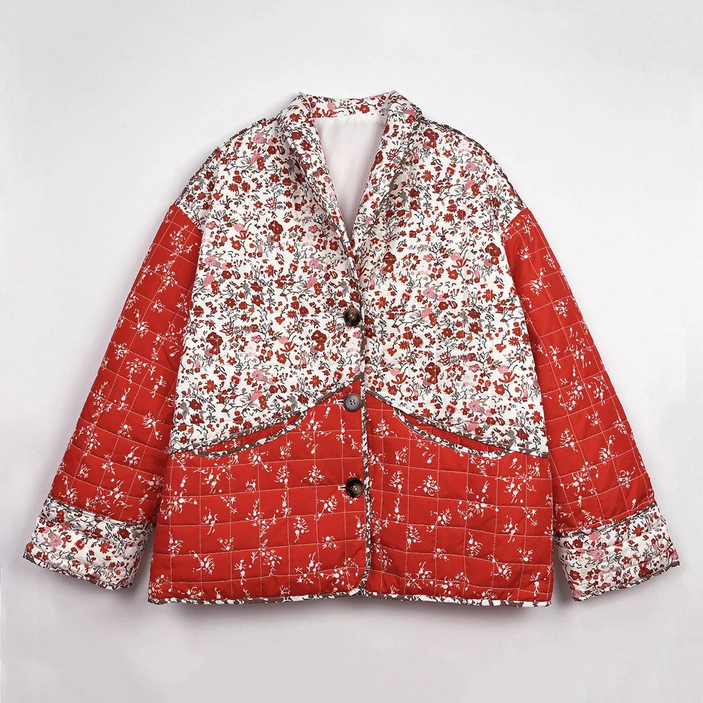 Floral Print Spliced Coat For Women Winter Cotton Down Coats Long Sleeve Thick Warm Cotton Padded Jacket Lightweight Outerwear