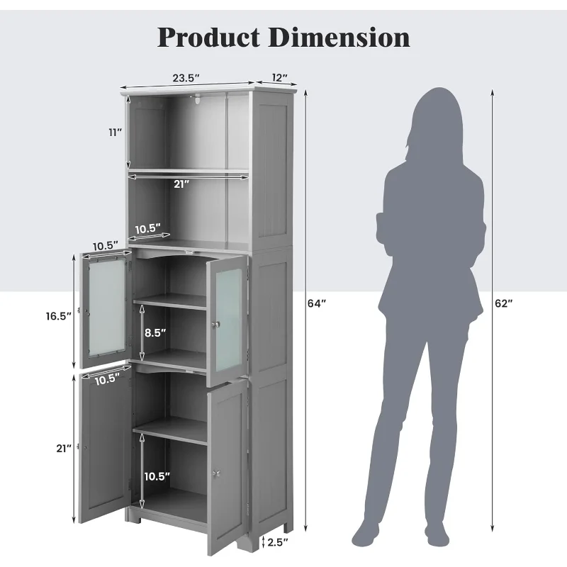 Giantex 64" Tall Bathroom Storage Cabinet, Freestanding Kitchen Pantry Cupboard with 2 Cabinets, 2 Open Compartments