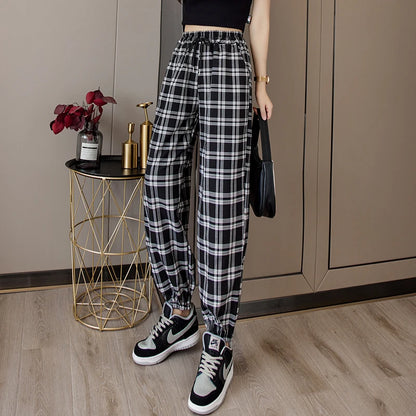 Pants Women New Bunch of feet Fashion Loose Black Plaid Summer Harajuku Students Streetwear Harem Long Trousers Womens Chic