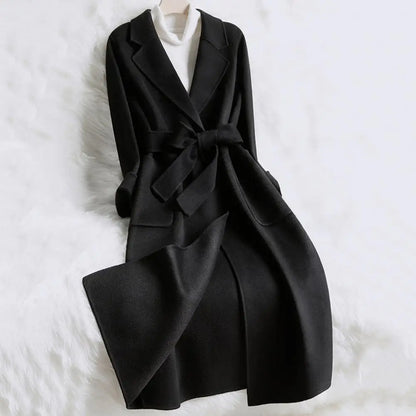 Double Side Faux Cashmere Woolen Coat Lapel Long Sleeve Belt Trench Coat wome Long Jacket Single Button Outwear Korean Wool Coat