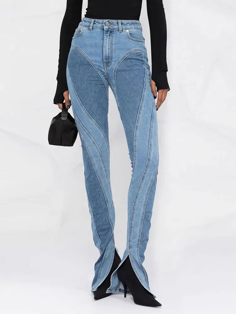 DEAT Fashion Women's Jeans Slim Deconstruct Panelled Patchwork High Waist Split Blue Long Denim Pants Autumn 2024 New 1DF2575