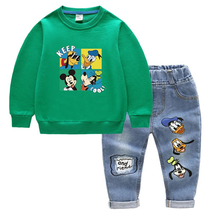 Fashion Baby Boys Cotton Clothing Sets Kids Cartoon Mickey Mouse Long Sleeve Tops + Jeans Pants 2Pcs for Children Tracksuits