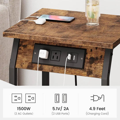 Side Table Vintage End Table with USB Charging Ports and Outlets for Small Space in Living Room Bedroom Bedside Nightstand