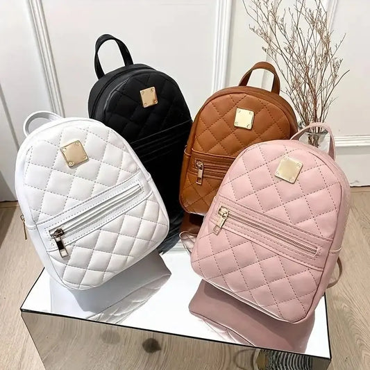 Women's Cute Small Backpack Rhombic Pattern Backpack With Adjustable Strap Zipper Casual Shoulder Black Mobile Bag