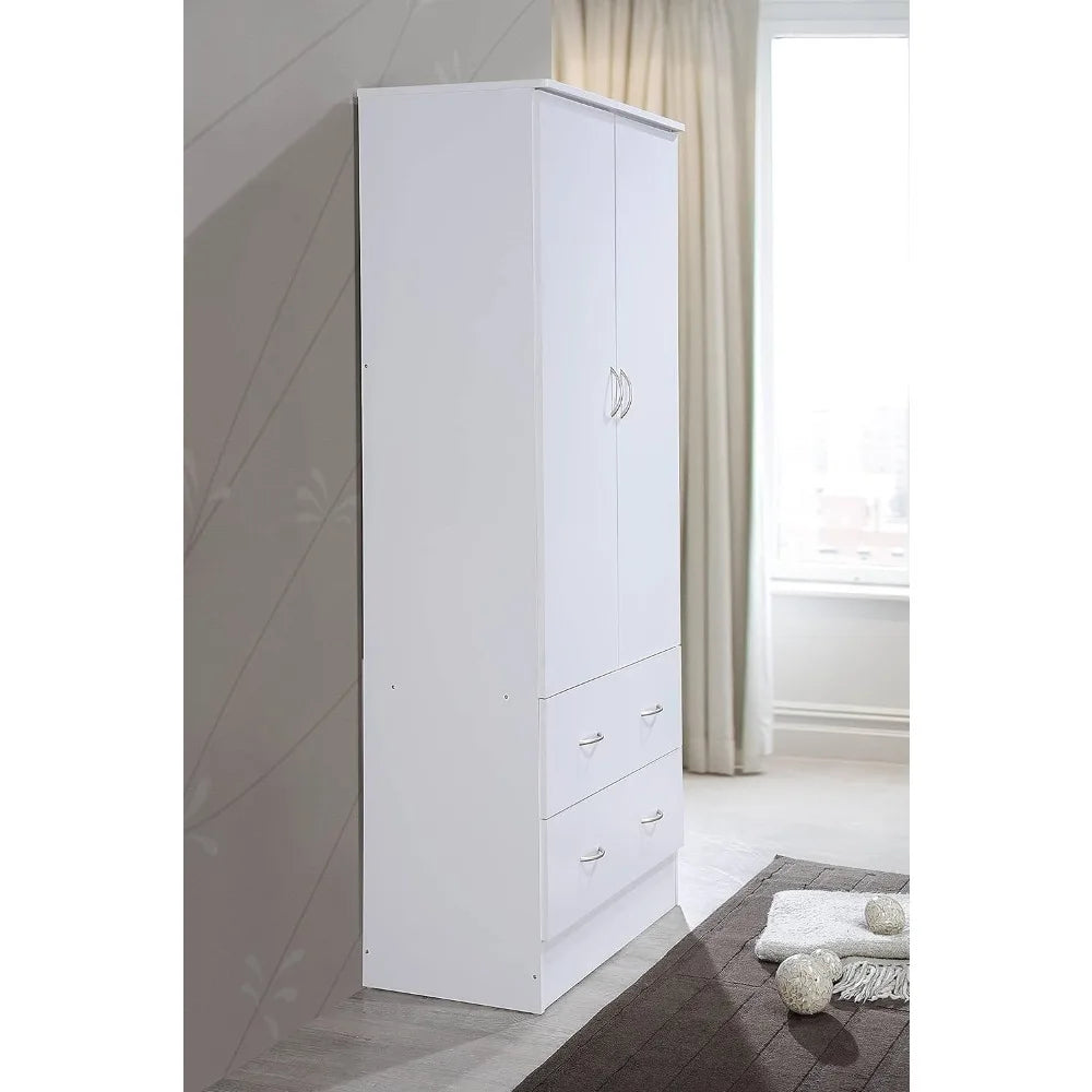 2 door wooden wardrobe bedroom closet, Cabinet equipped with clothes drying rod and 2 storage drawers, White