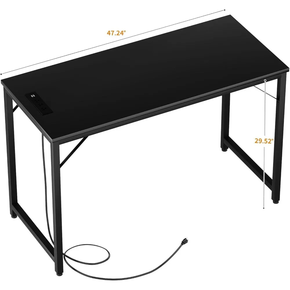 47 inch computer desk, modern desk with USB charging port, simple laptop gaming table for bedroom workstation, black