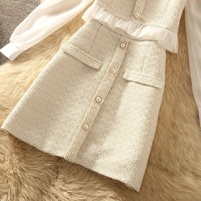 High Quality Autumn Elegant Fashion Small Fragrance 2 Piece Set Women Shirt Top + Tweed Skirt Suits Korean Sweet Two Peice Sets