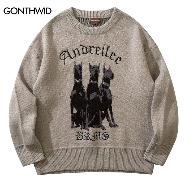 Men Vintage Sweater Y2K Streetwear Hip Hop Vintage Knitted Doberman Dog Sweaters Autumn Harajuku Fashion Retro Casual Sweaters