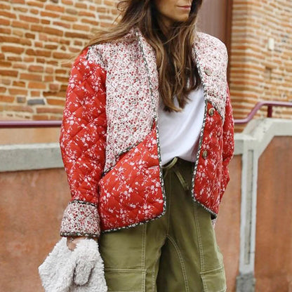 Floral Print Spliced Coat For Women Winter Cotton Down Coats Long Sleeve Thick Warm Cotton Padded Jacket Lightweight Outerwear