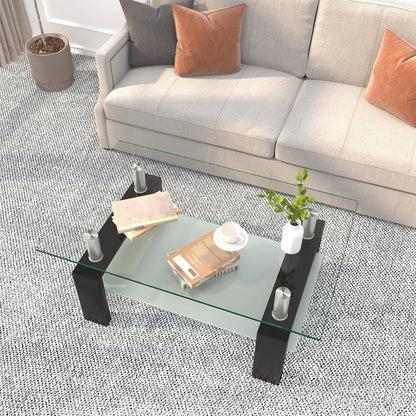 Rectangle Glass Coffee Table 2-Tier Tea Table Modern Side Coffee Table for Living Room Black