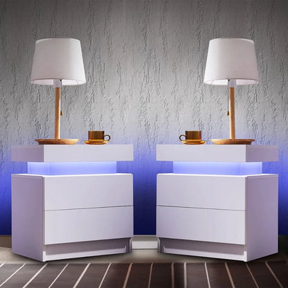 Side Bed Table With LED Light Bedside Tables for the Bedroom Furniture Generic Nightstand Set of 2 LED Nightstand With 2 Drawers