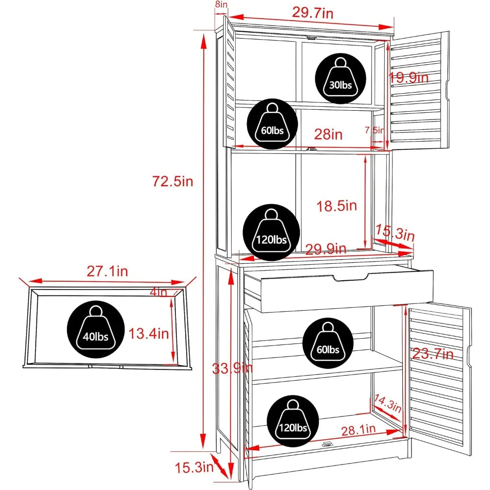 72'' Kitchen Pantry Cabinet Storage Hutch with Microwave Stand, Bamboo Freestanding Pantry Buffet Cabinet with Shelves