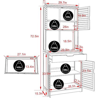 72'' Kitchen Pantry Cabinet Storage Hutch with Microwave Stand, Bamboo Freestanding Pantry Buffet Cabinet with Shelves