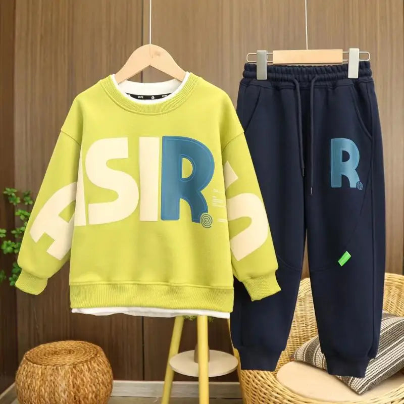 Korea Style Autumn Casual Kids Clothes Boy Set Letter Pullover Sweatshirt Top and Jogger Pants Suit Kids Tracksuit 5-14 Years