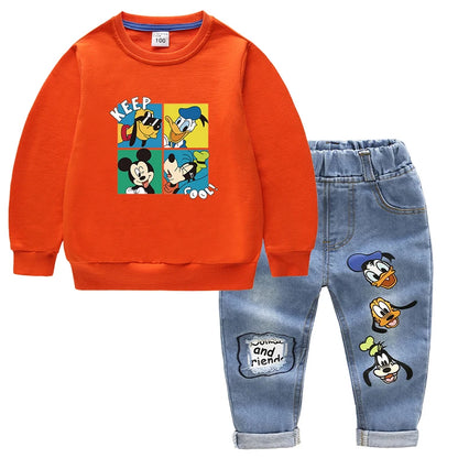 Fashion Baby Boys Cotton Clothing Sets Kids Cartoon Mickey Mouse Long Sleeve Tops + Jeans Pants 2Pcs for Children Tracksuits