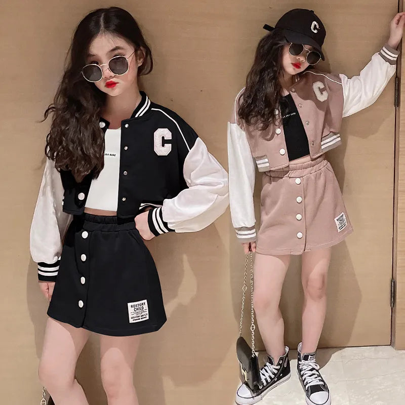 Spring Autumn Teen Girls Clothing Sets Fashion Baseball Coats + Slim Skirt 2Pcs Outfits Kids Tracksuit 5 6 7 8 9 10 11 12 13 Yrs